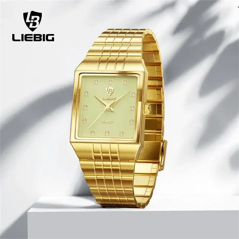Gold Men's Quartz Watch with Diamond-Encrusted Case - Image 6