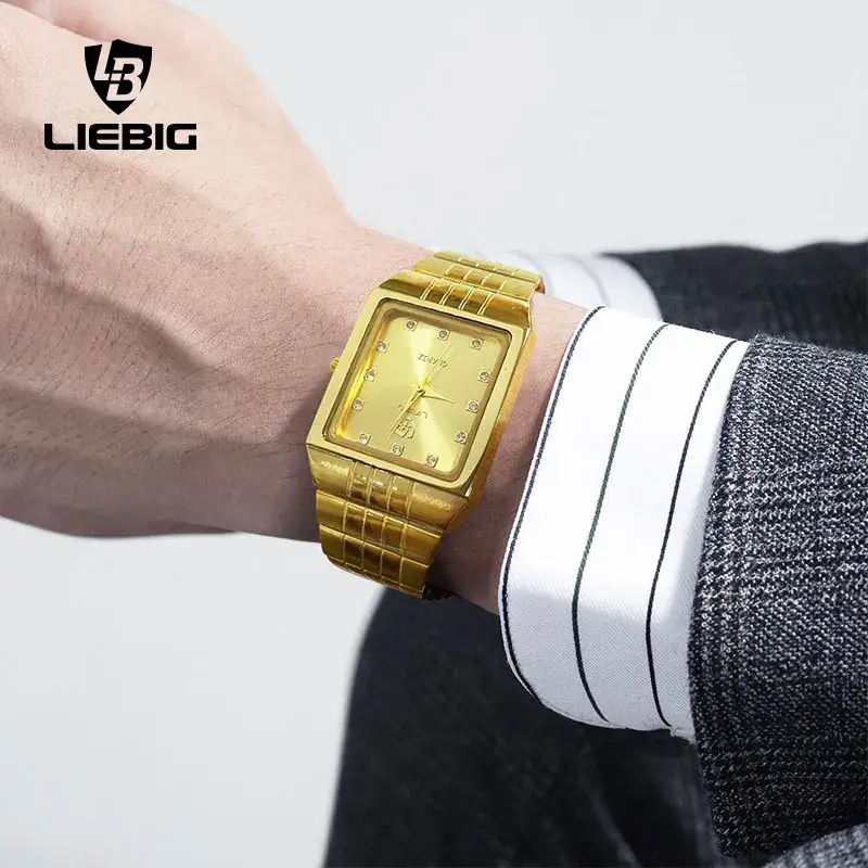 Gold Men's Quartz Watch with Diamond-Encrusted Case - Image 7