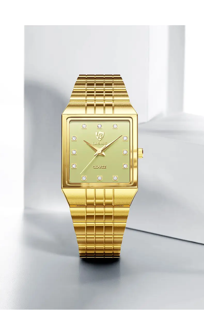 Gold Men's Quartz Watch with Diamond-Encrusted Case — feature 9