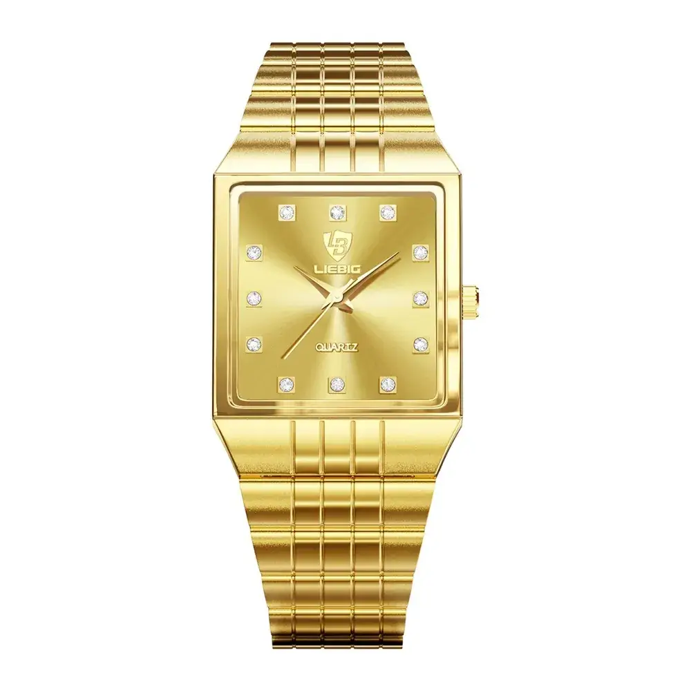 Gold Men's Quartz Watch with Diamond-Encrusted Case - Image 2
