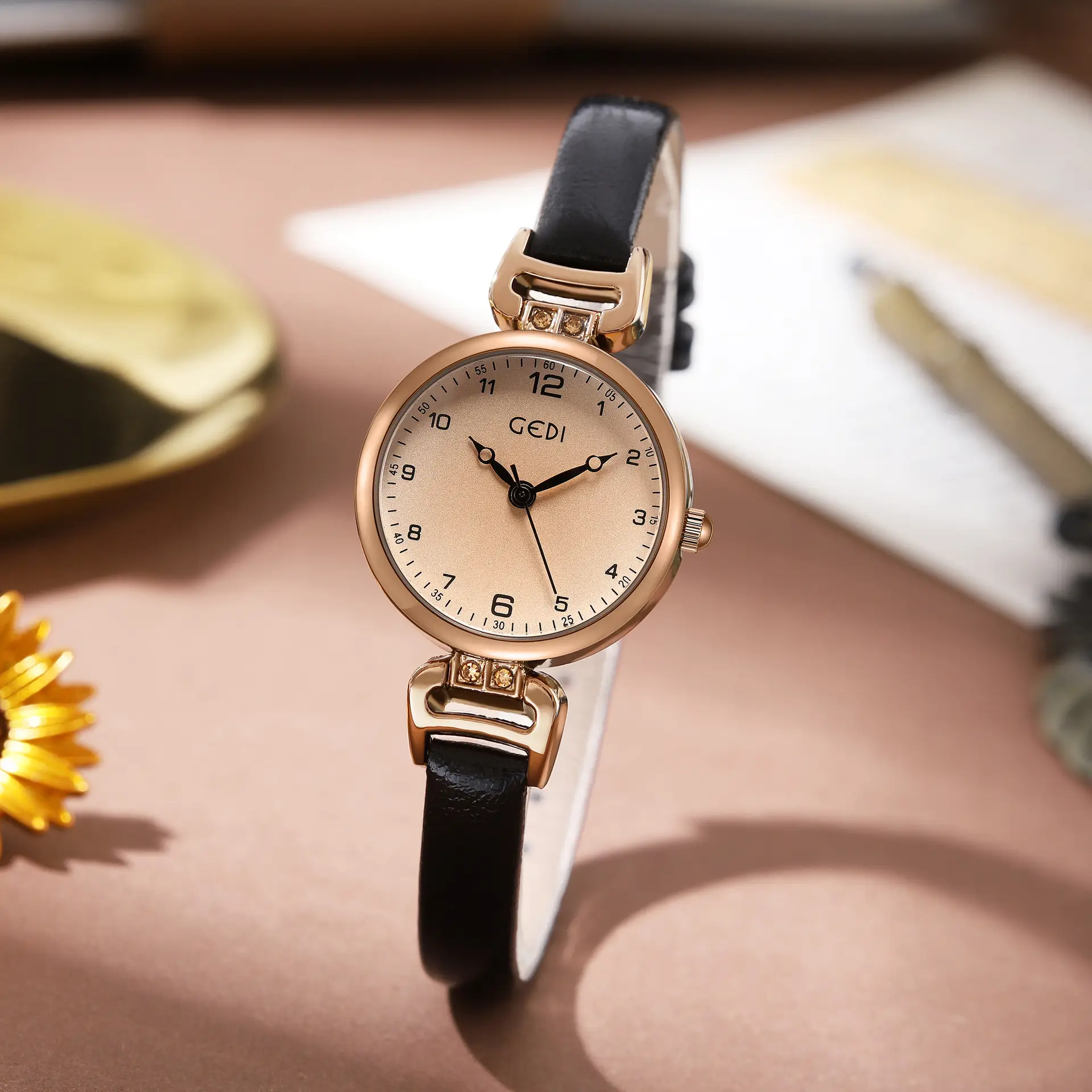 Gold Retro Women's Quartz Watch with Brown Leather Band