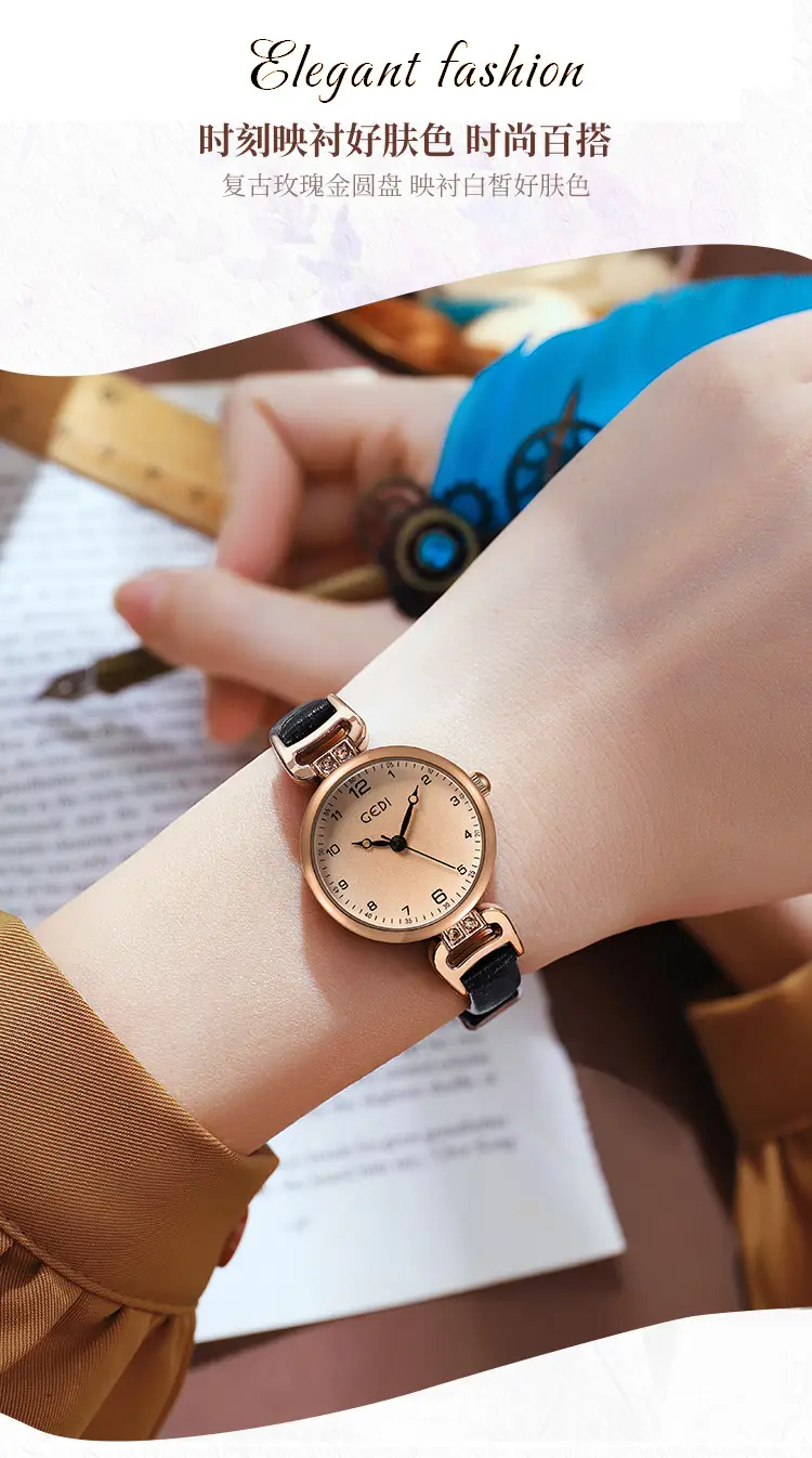 Gold Retro Women's Quartz Watch with Brown Leather Band — feature 7