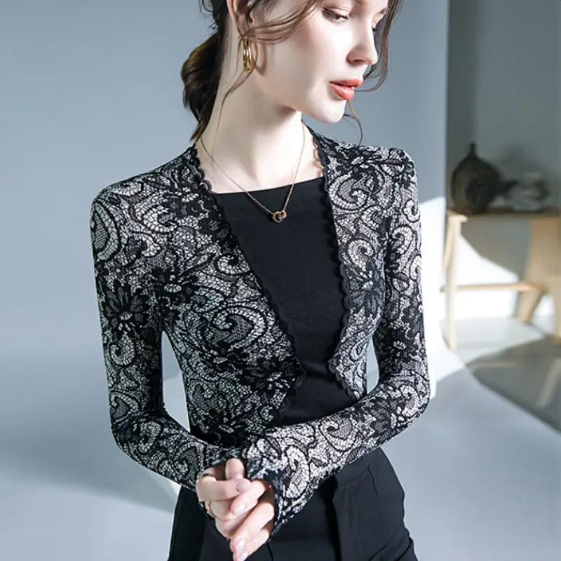 Lace Stitching Top Black Autumn Winter Inner Shirt