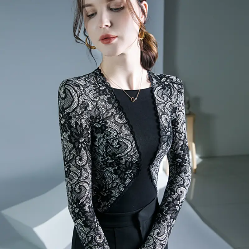 Lace Stitching Top Black Autumn Winter Inner Shirt