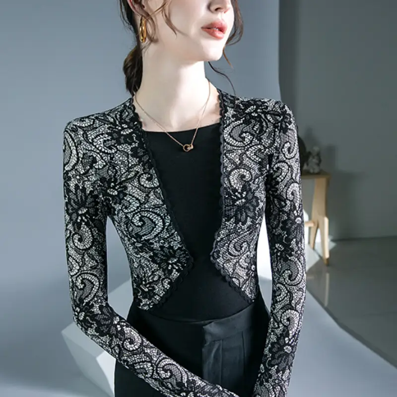Lace Stitching Top Black Autumn Winter Inner Shirt