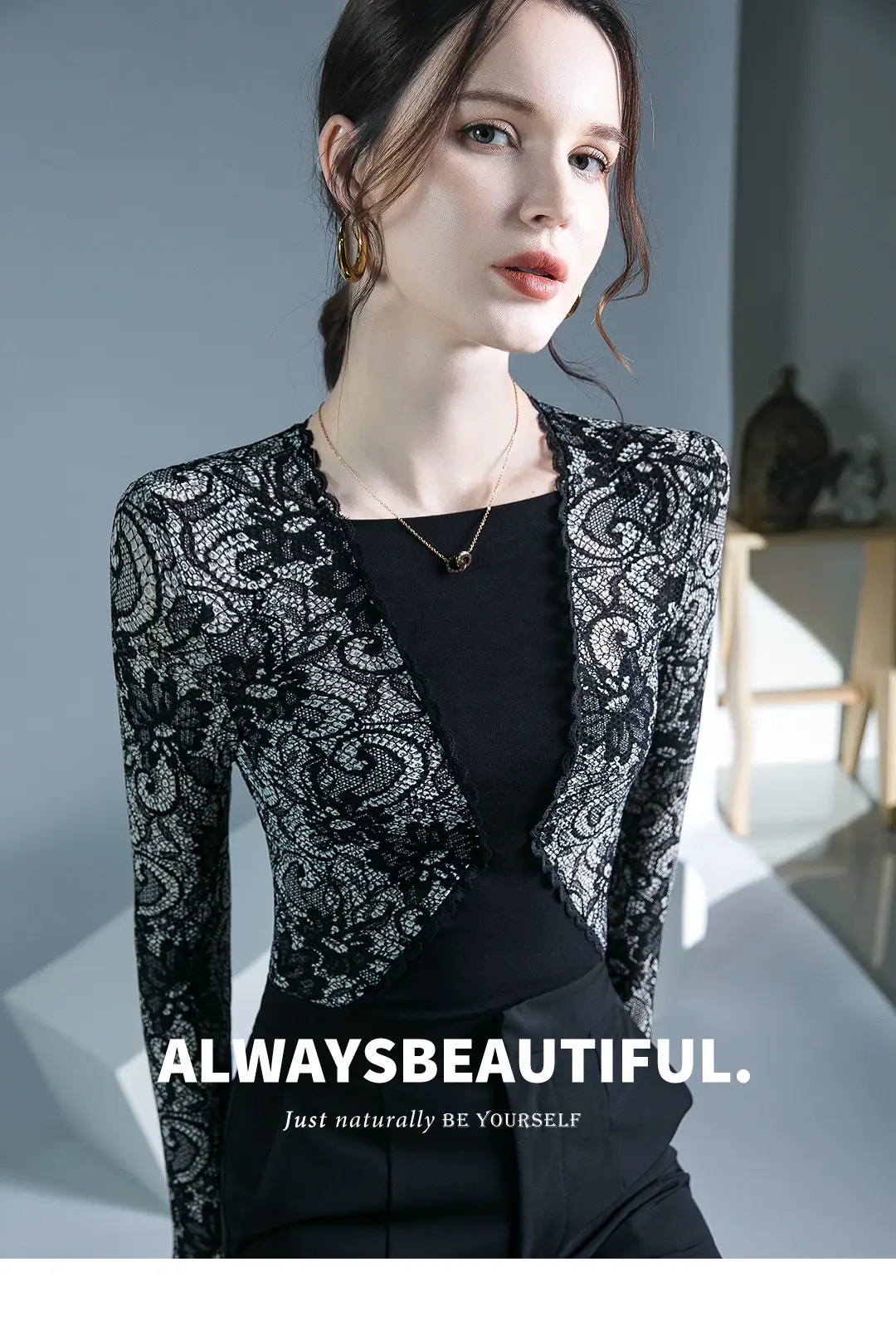 Lace Stitching Top Black Autumn Winter Inner Shirt — feature 1