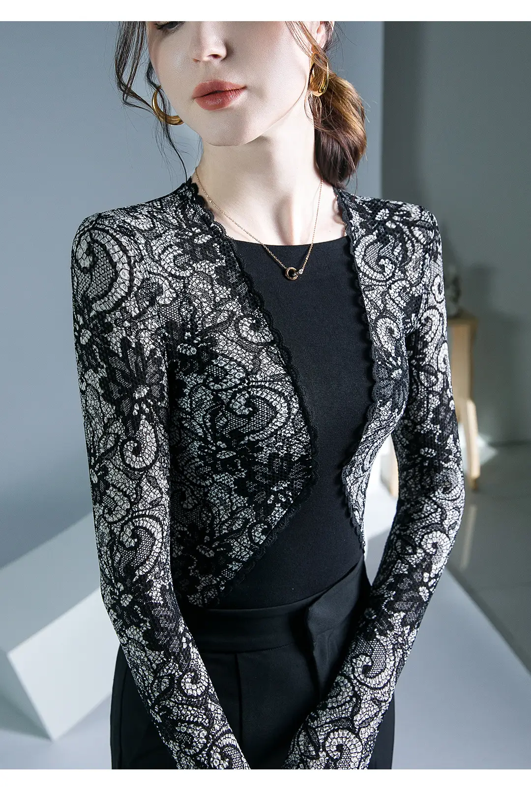 Lace Stitching Top Black Autumn Winter Inner Shirt — feature 4