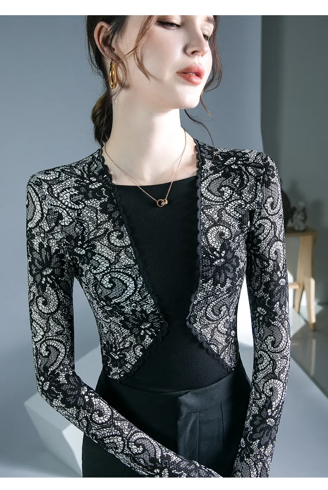 Lace Stitching Top Black Autumn Winter Inner Shirt — feature 6