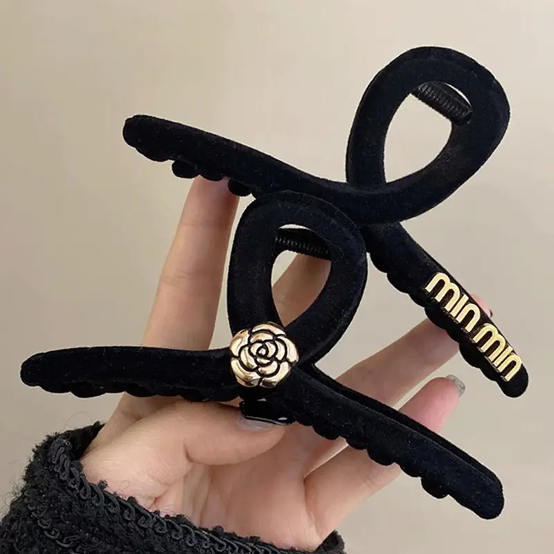 Black Flocking Hair Clip with Rose Design - Image 6