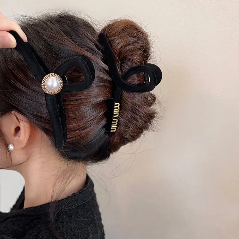 Black Flocking Hair Clip with Rose Design - Image 7