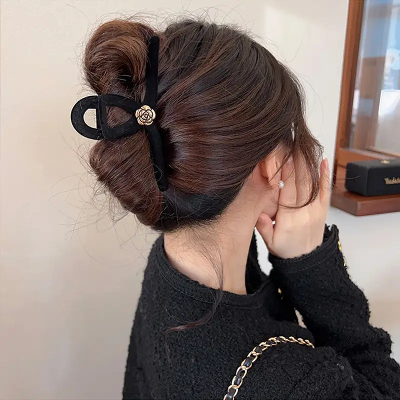 Black Flocking Hair Clip with Rose Design - Image 8