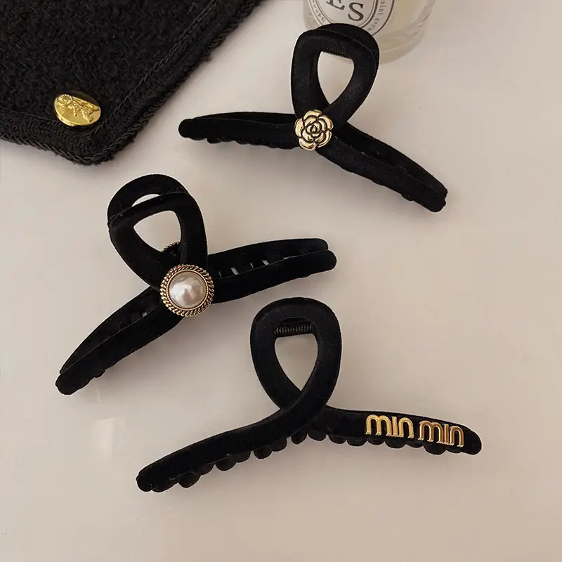 Black Flocking Hair Clip with Rose Design - Image 9