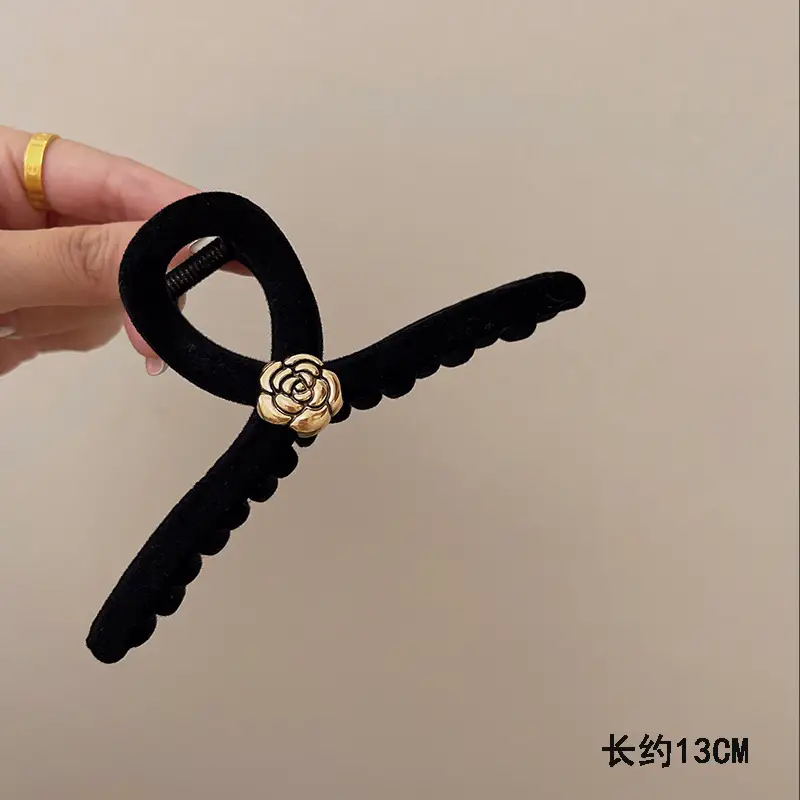 Black Flocking Hair Clip with Rose Design - Image 2