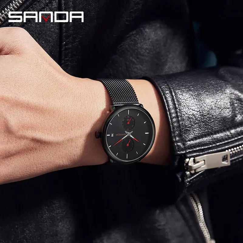 Sanda Black Mesh Belt Quartz Watch for Men - Image 11