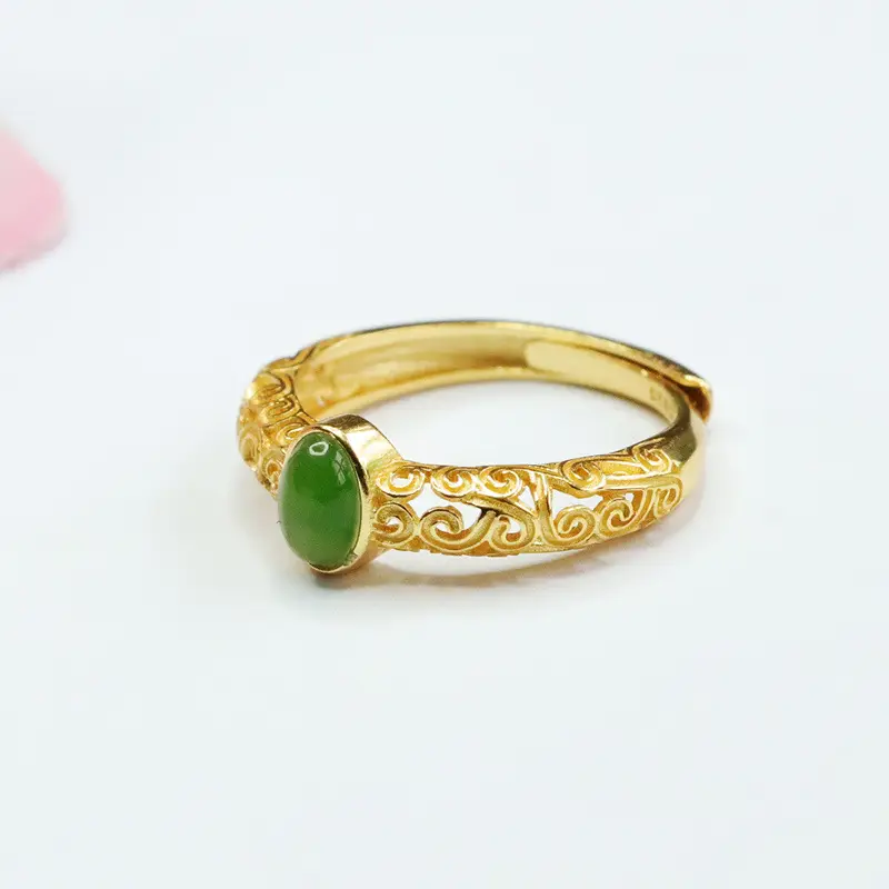 Guan Yu Inlay Jade Ring S925 Silver Green Jade - Image 3