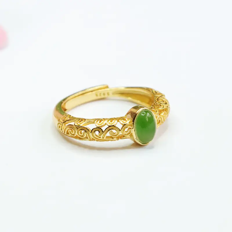 Guan Yu Inlay Jade Ring S925 Silver Green Jade - Image 4