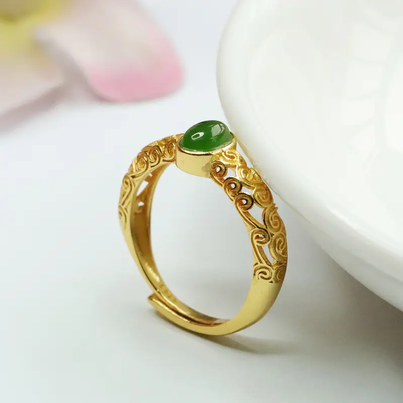 Guan Yu Inlay Jade Ring S925 Silver Green Jade - Image 5