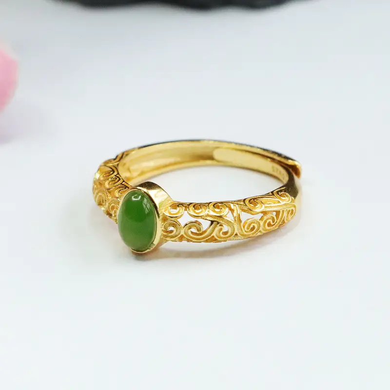 Guan Yu Inlay Jade Ring S925 Silver Green Jade — feature 9