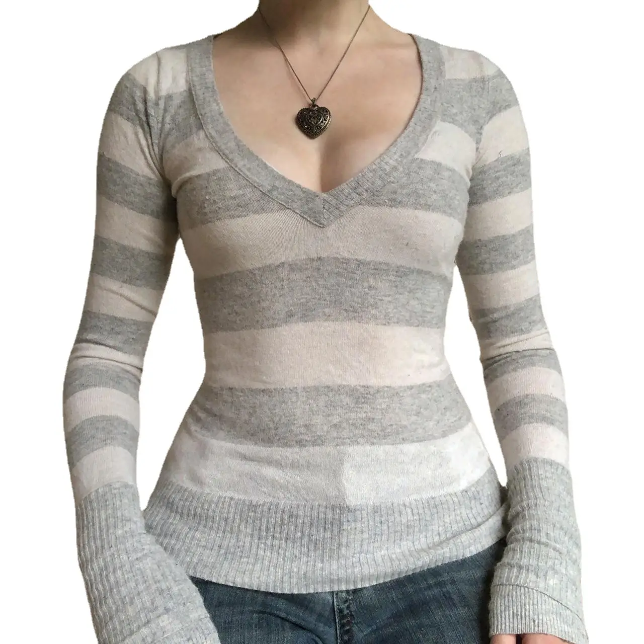 Women's Stripe V-Neck Slim Fit Sweater