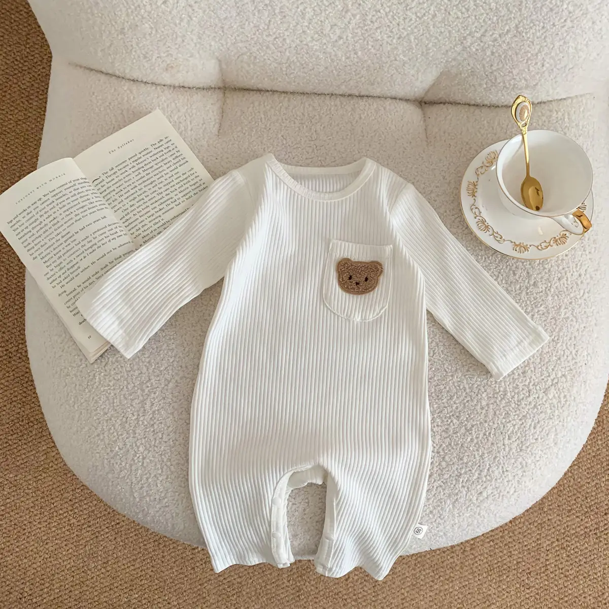 Baby White Pit Strip Jumpsuit with Bear Patch - Image 4