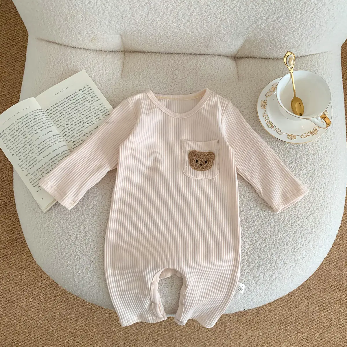 Baby White Pit Strip Jumpsuit with Bear Patch - Image 6