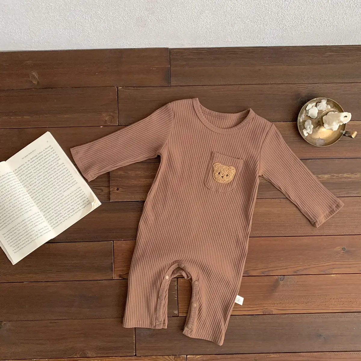 Baby White Pit Strip Jumpsuit with Bear Patch — feature 12