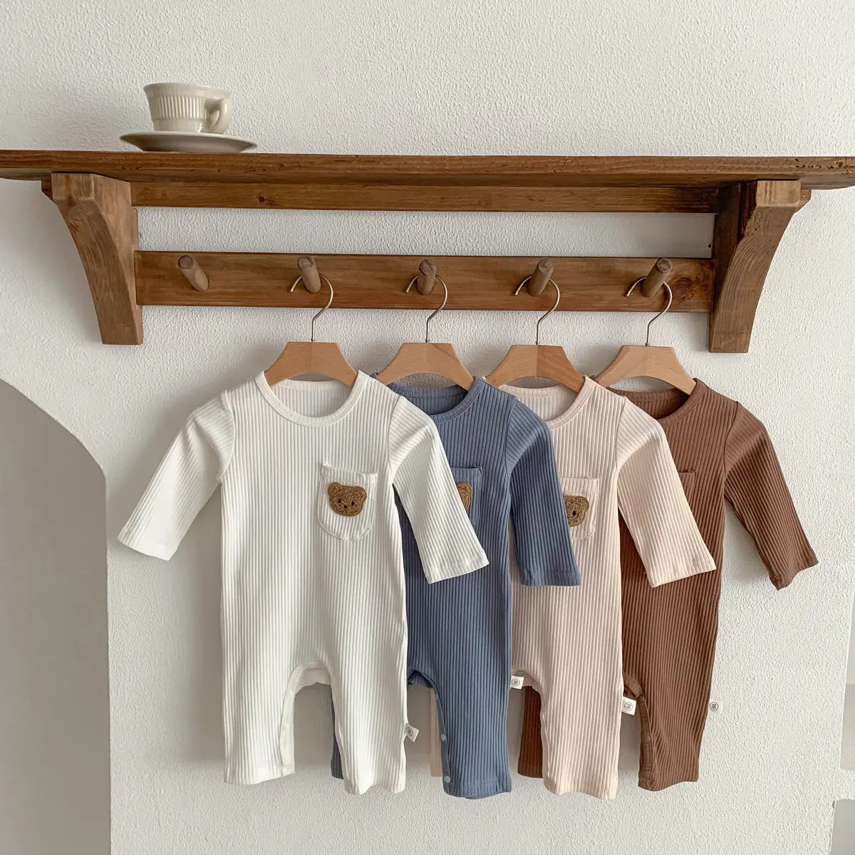 Baby White Pit Strip Jumpsuit with Bear Patch — feature 16