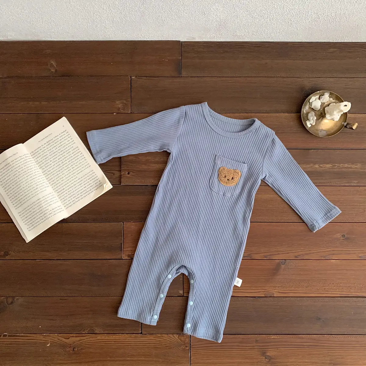 Baby White Pit Strip Jumpsuit with Bear Patch — feature 17