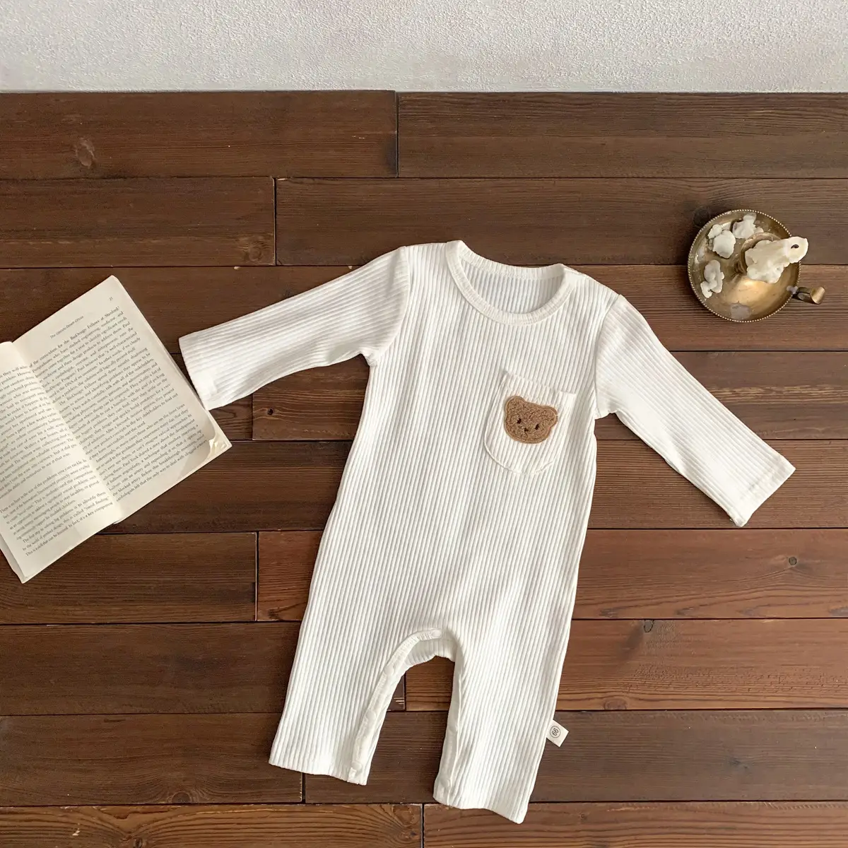 Baby White Pit Strip Jumpsuit with Bear Patch — feature 20