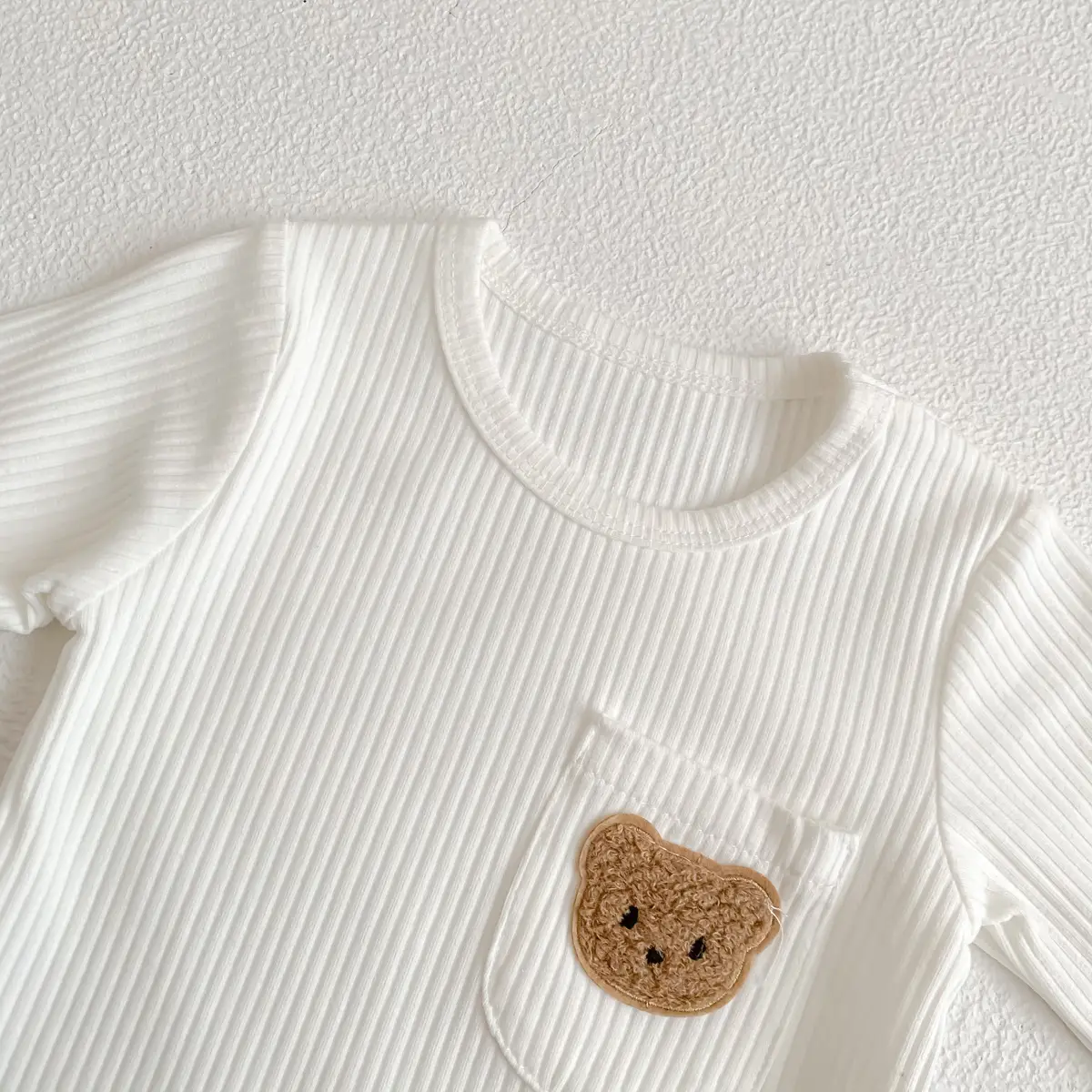 Baby White Pit Strip Jumpsuit with Bear Patch — feature 21