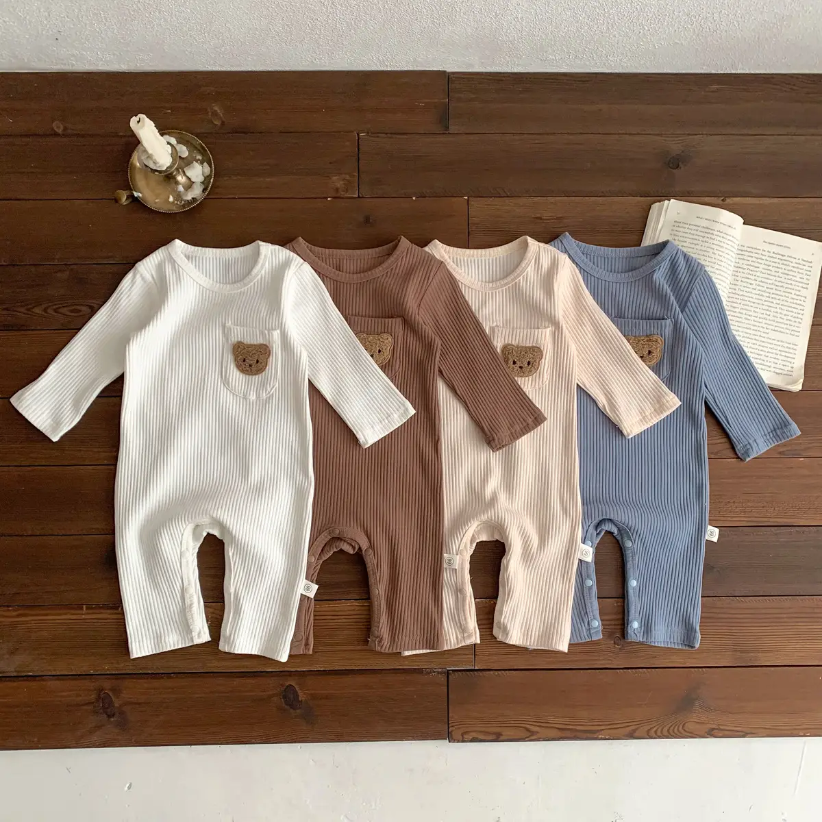 Baby White Pit Strip Jumpsuit with Bear Patch — feature 26