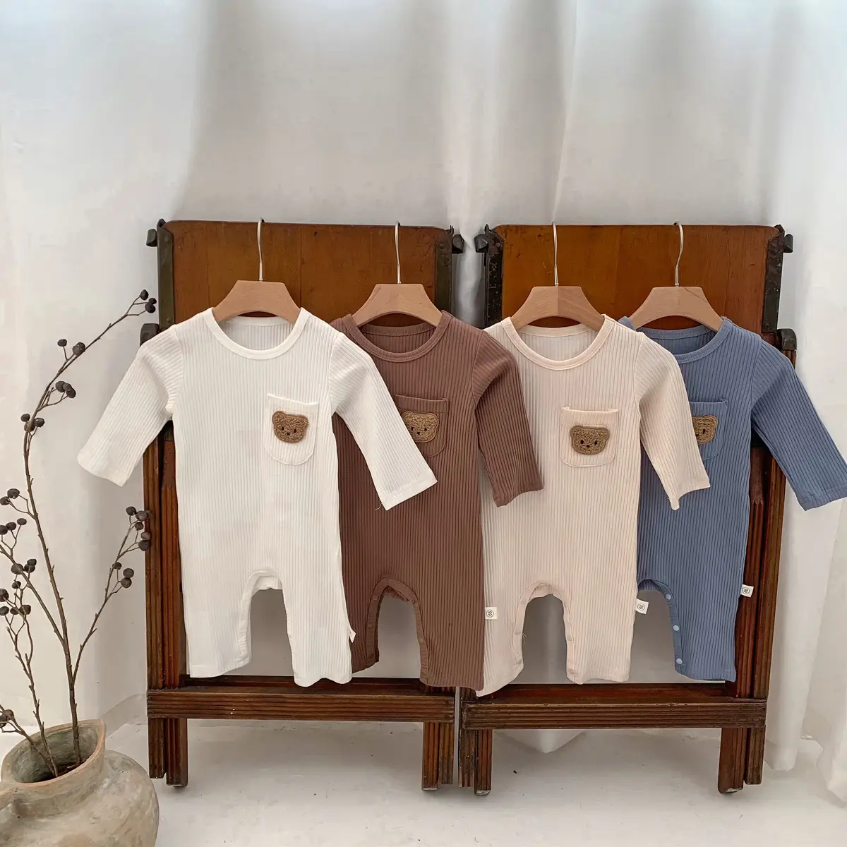 Baby White Pit Strip Jumpsuit with Bear Patch — feature 27