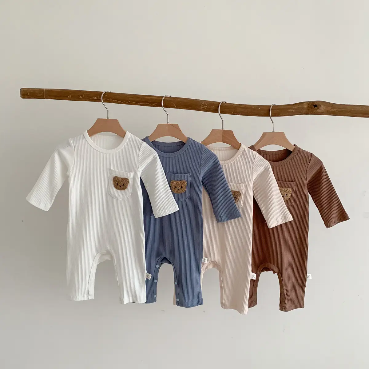Baby White Pit Strip Jumpsuit with Bear Patch — feature 28