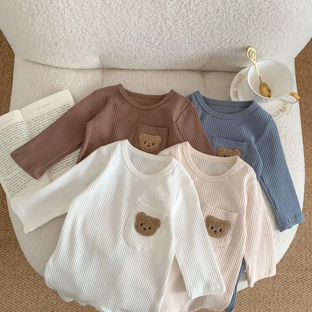 Baby White Pit Strip Jumpsuit with Bear Patch — feature 3