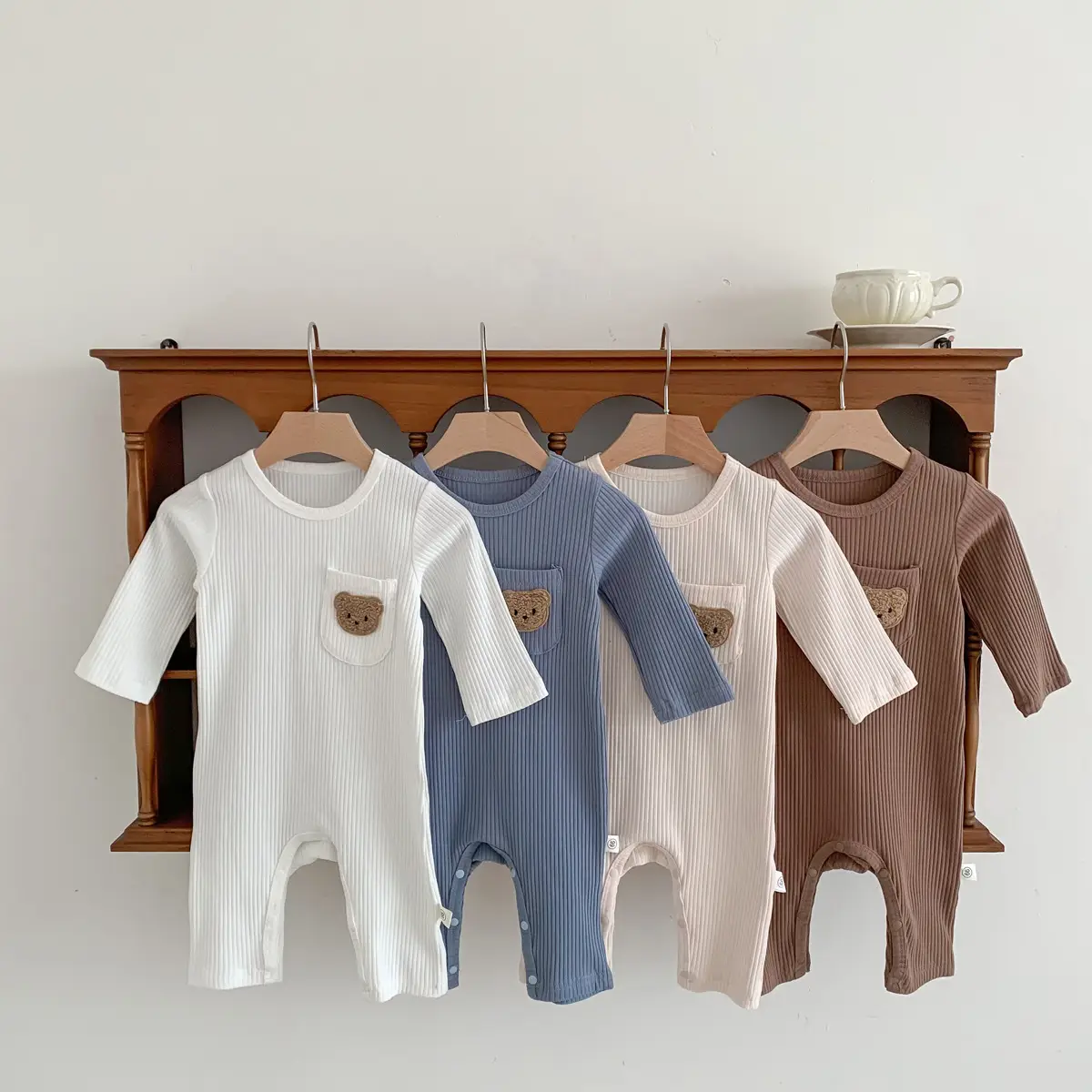 Baby White Pit Strip Jumpsuit with Bear Patch — feature 4