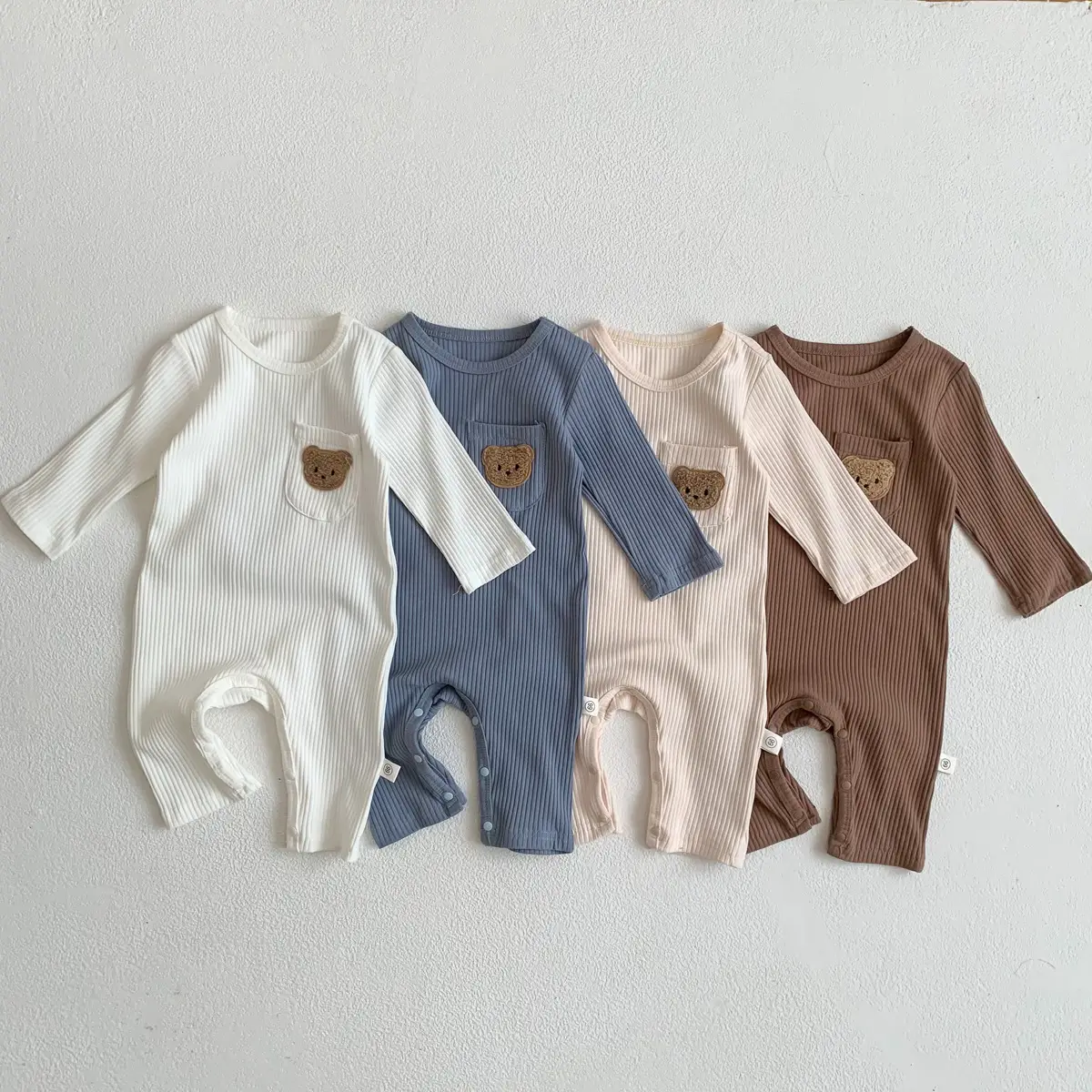 Baby White Pit Strip Jumpsuit with Bear Patch — feature 5