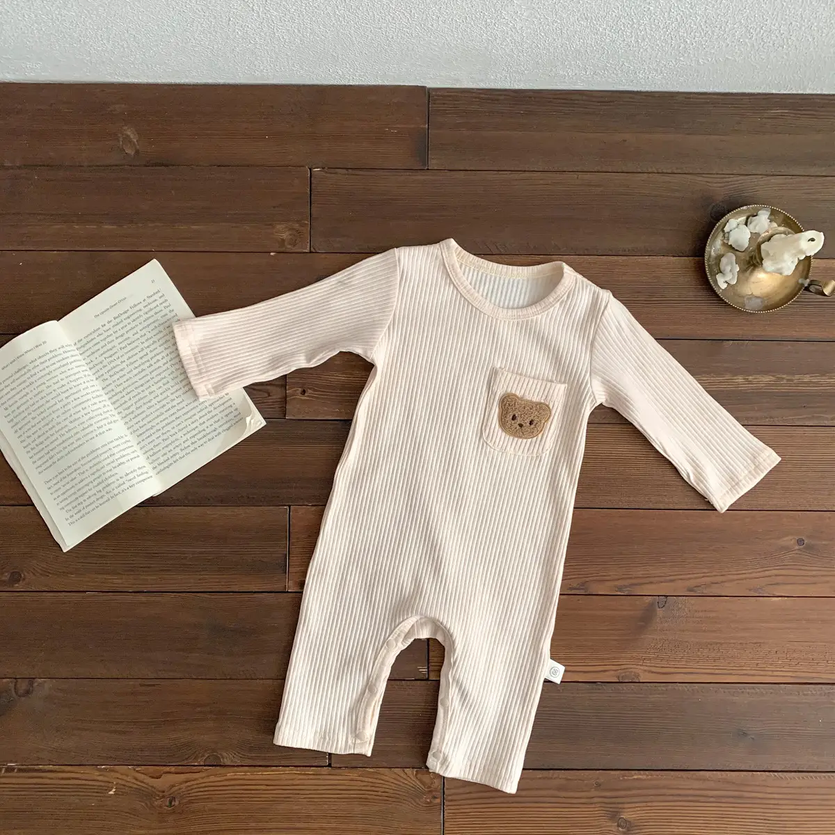 Baby White Pit Strip Jumpsuit with Bear Patch — feature 7