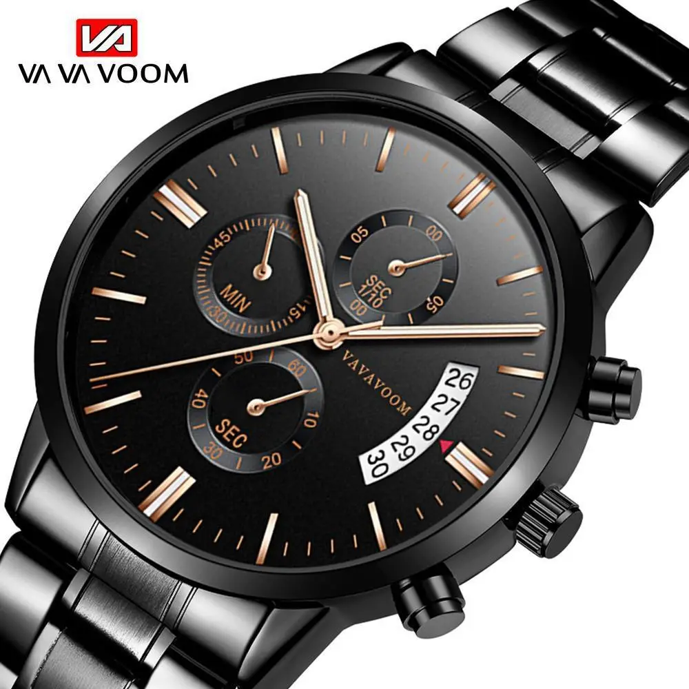 Men's Black Stainless Steel Calendar Quartz Watch - Image 6