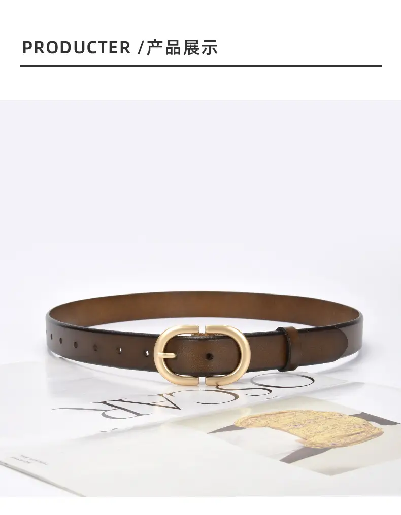 Brown Vintage Women's Leather Belt with Gold Buckle β feature 9