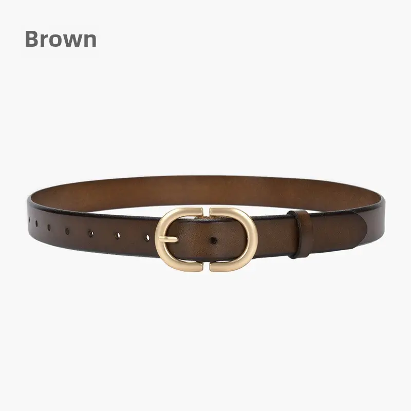 Brown Vintage Women's Leather Belt with Gold Buckle
