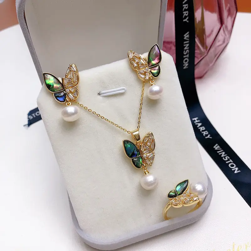 New Freshwater Pearl Three-piece Set with Colorful Butterfly & Abalone Bellows - Image 3