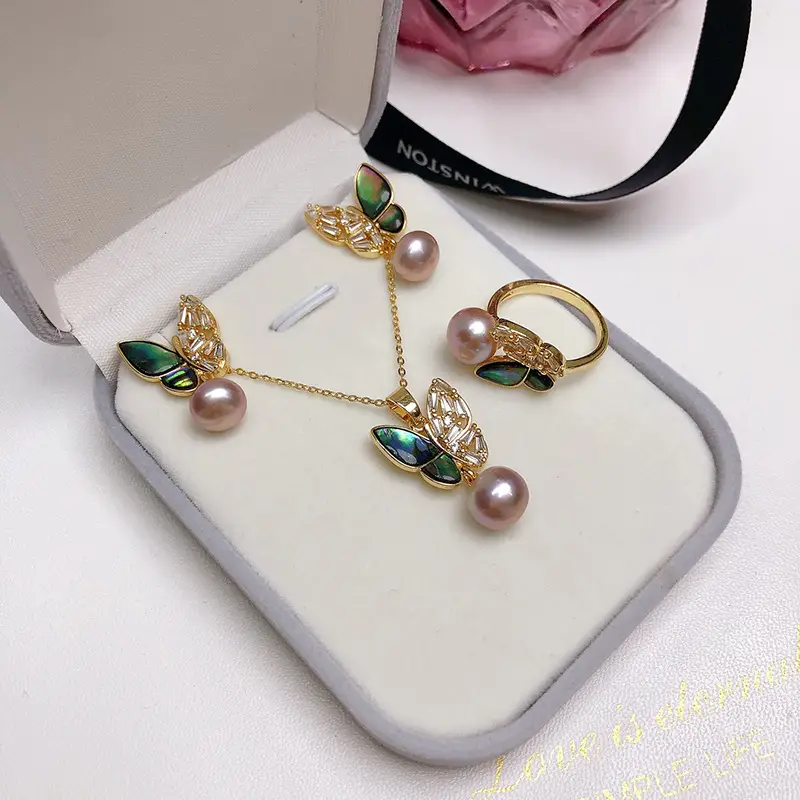New Freshwater Pearl Three-piece Set with Colorful Butterfly & Abalone Bellows - Image 5