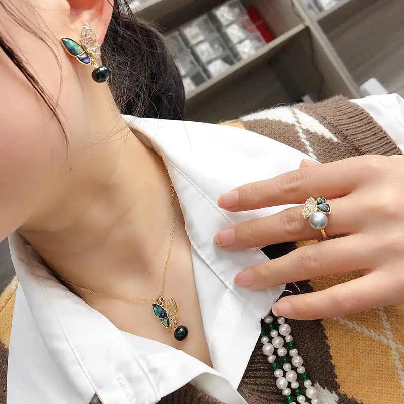 New Freshwater Pearl Three-piece Set with Colorful Butterfly & Abalone Bellows - Image 6