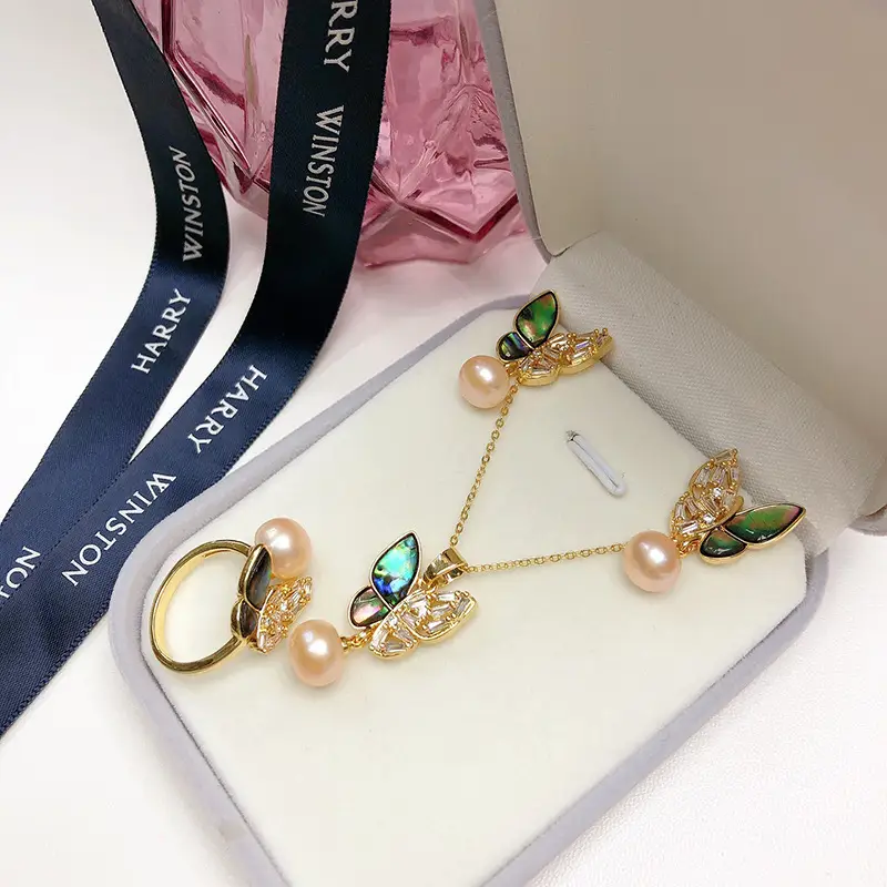 New Freshwater Pearl Three-piece Set with Colorful Butterfly & Abalone Bellows - Image 4