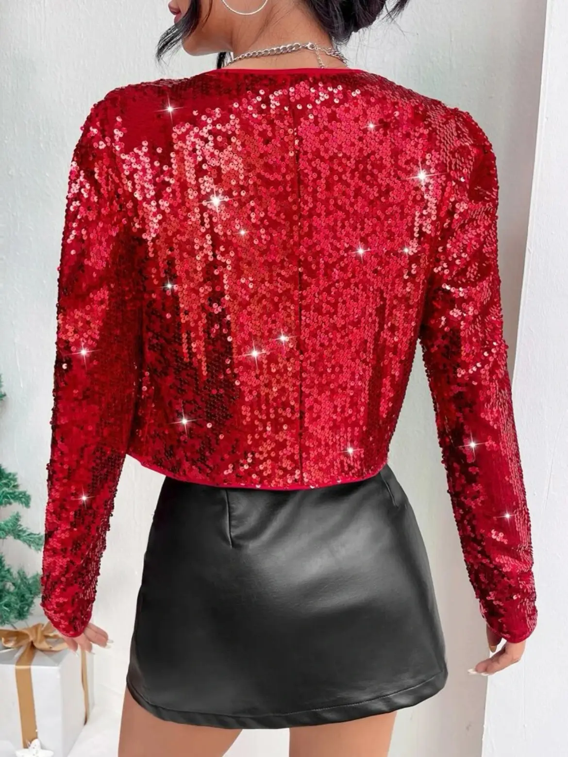 Women Sequined Rock Top Jacket Red Black Short — feature 8