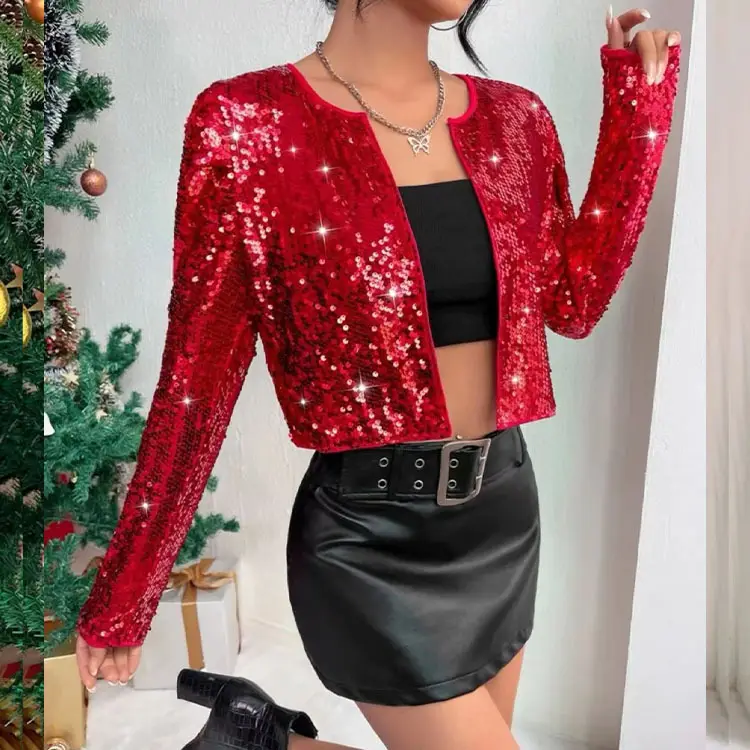 Women Sequined Rock Top Jacket Red Black Short — feature 9
