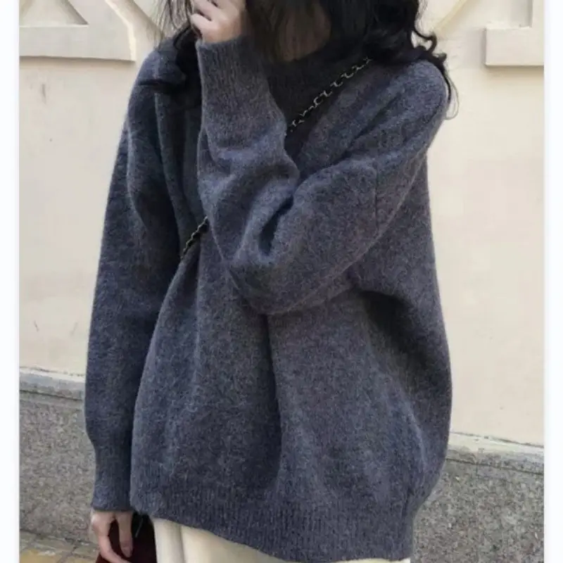 Women Loose Retro Knit Sweater Purple Winter - Image 6