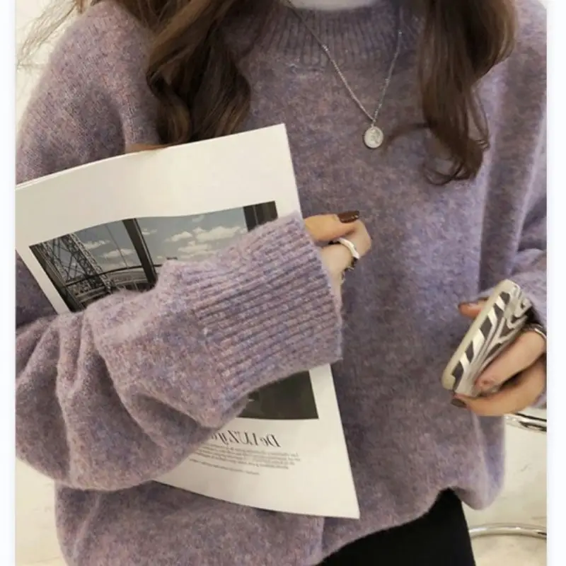 Women Loose Retro Knit Sweater Purple Winter - Image 9