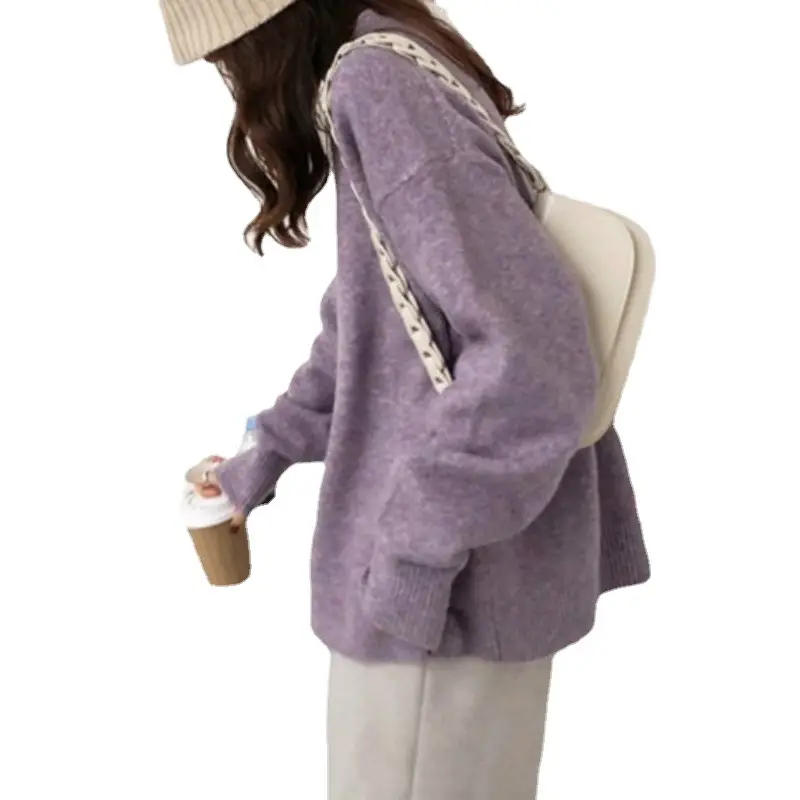 Women Loose Retro Knit Sweater Purple Winter - Image 10