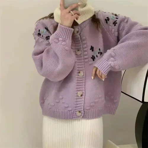 Women Loose Retro Knit Sweater Purple Winter — feature 28